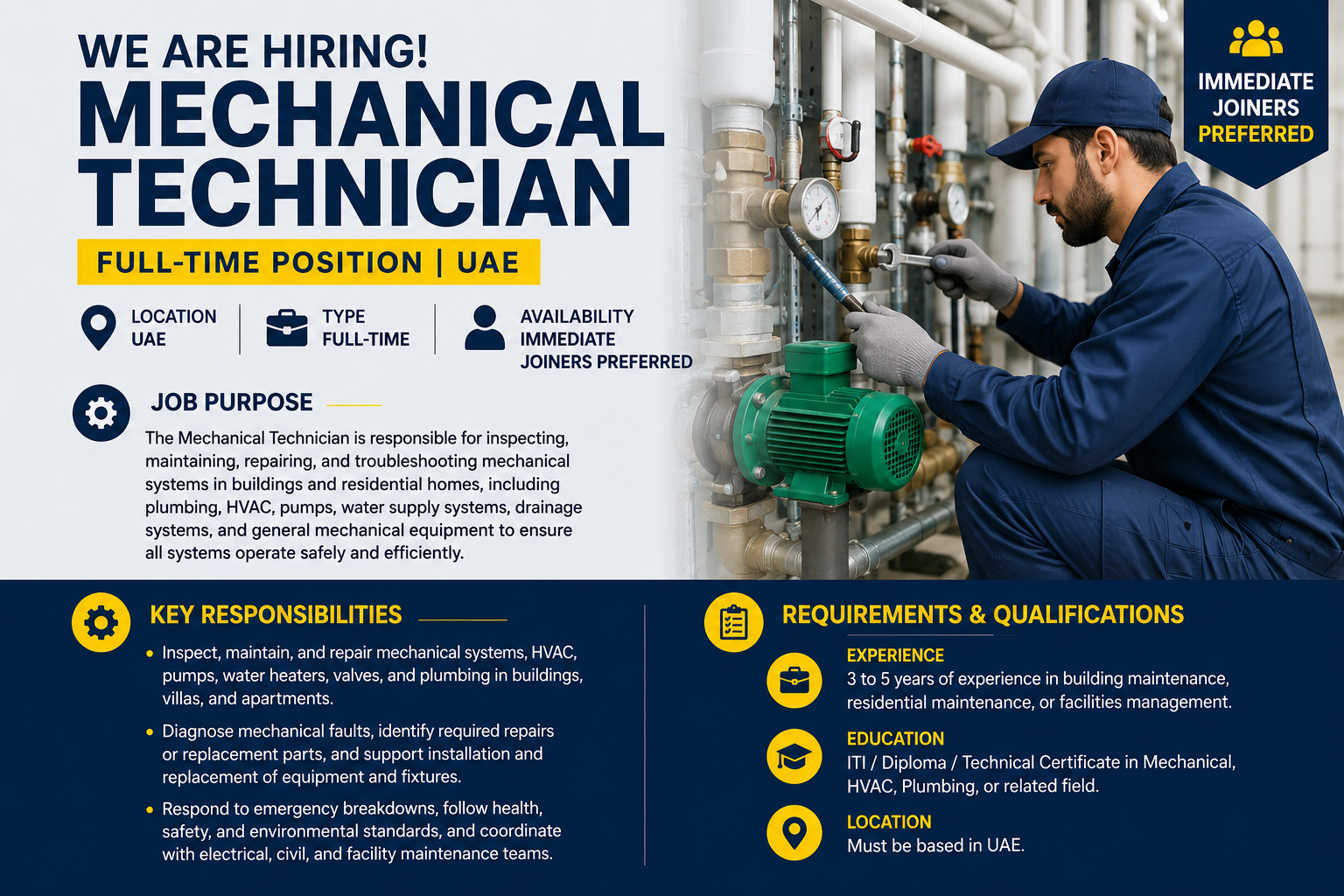 Mechanical Technician Jobs in UAE recruitment banner featuring a maintenance technician inspecting industrial piping, pumps, and HVAC systems with job responsibilities and qualification highlights for full-time building maintenance positions.