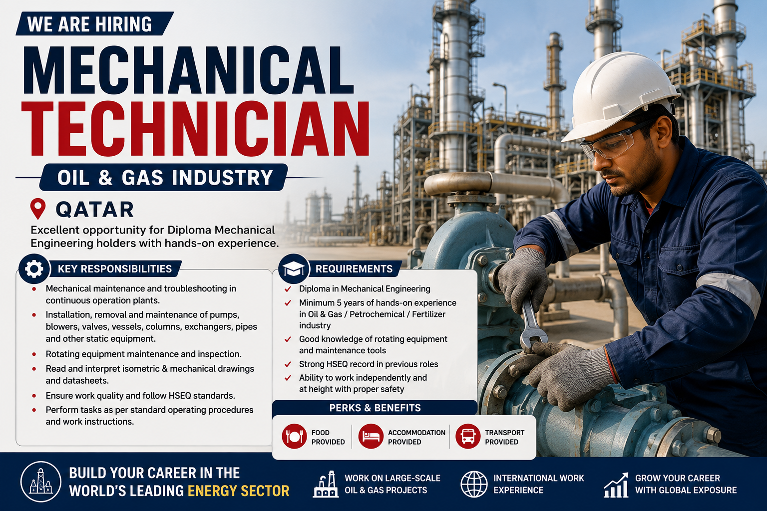Mechanical Technician Jobs in Qatar Oil & Gas Industry – Experienced technician performing pump maintenance at a refinery with key job responsibilities, qualifications, and company benefits including food, accommodation, and transport.