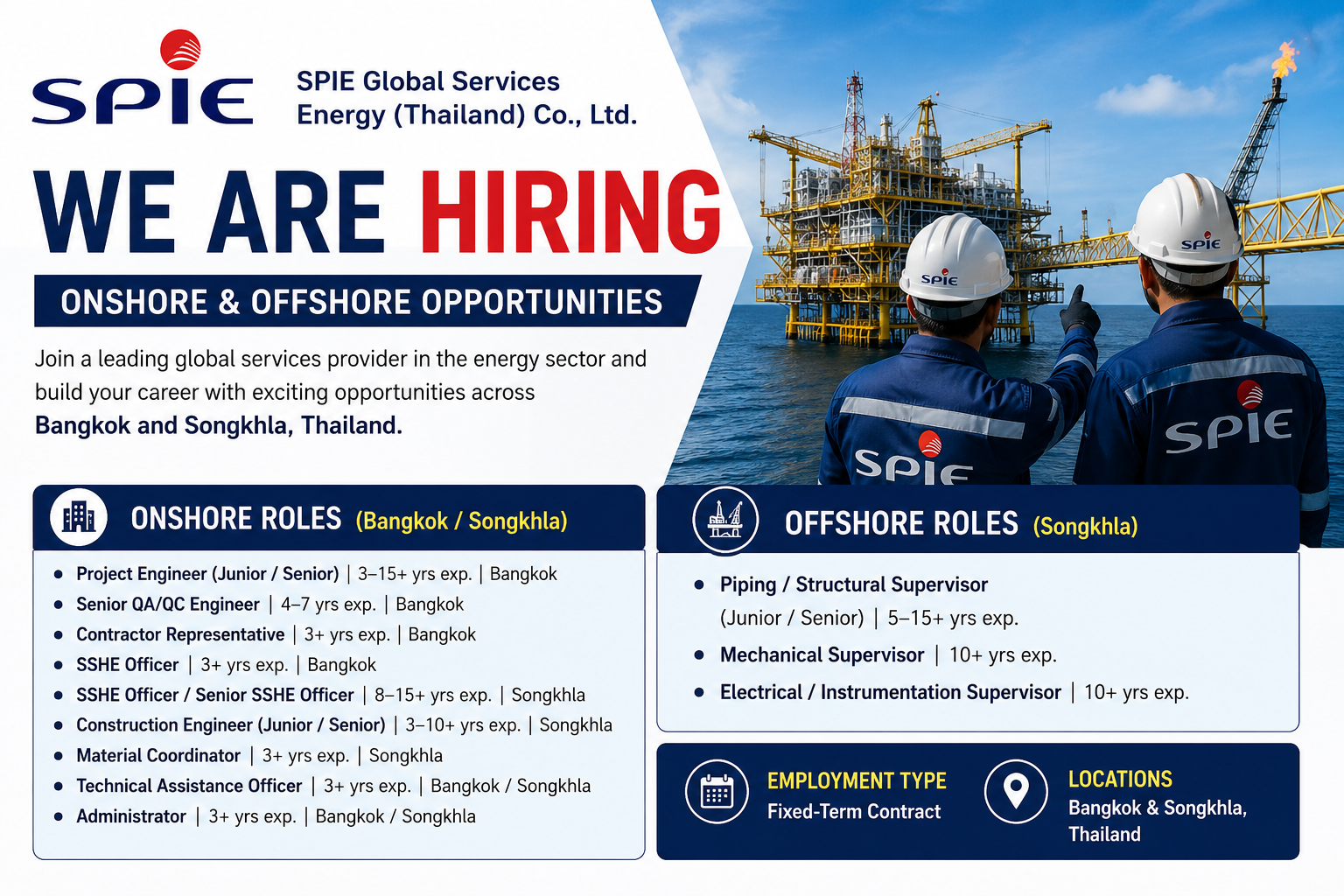 SPIE Global Services Energy Thailand recruitment poster featuring onshore and offshore engineering job openings in Bangkok and Songkhla with oil and gas platform background.