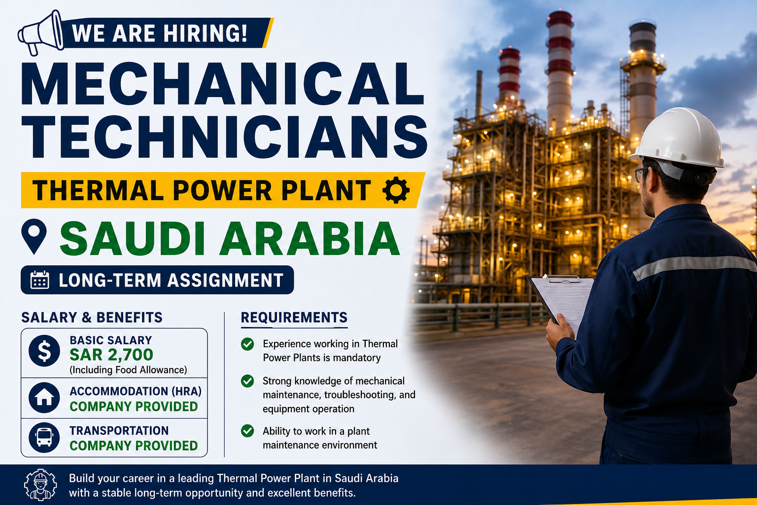 Mechanical Technician job vacancy in Saudi Arabia for a thermal power plant, featuring a long-term assignment, SAR 2,700 salary, company accommodation, transportation, and maintenance requirements.
