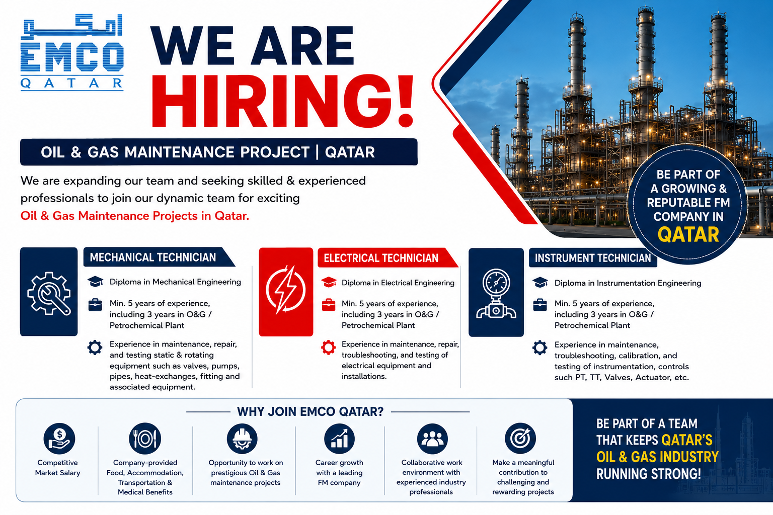 EMCO Qatar Oil & Gas maintenance recruitment banner featuring Mechanical, Electrical, and Instrument Technician job openings with refinery background and employee benefits in Qatar.