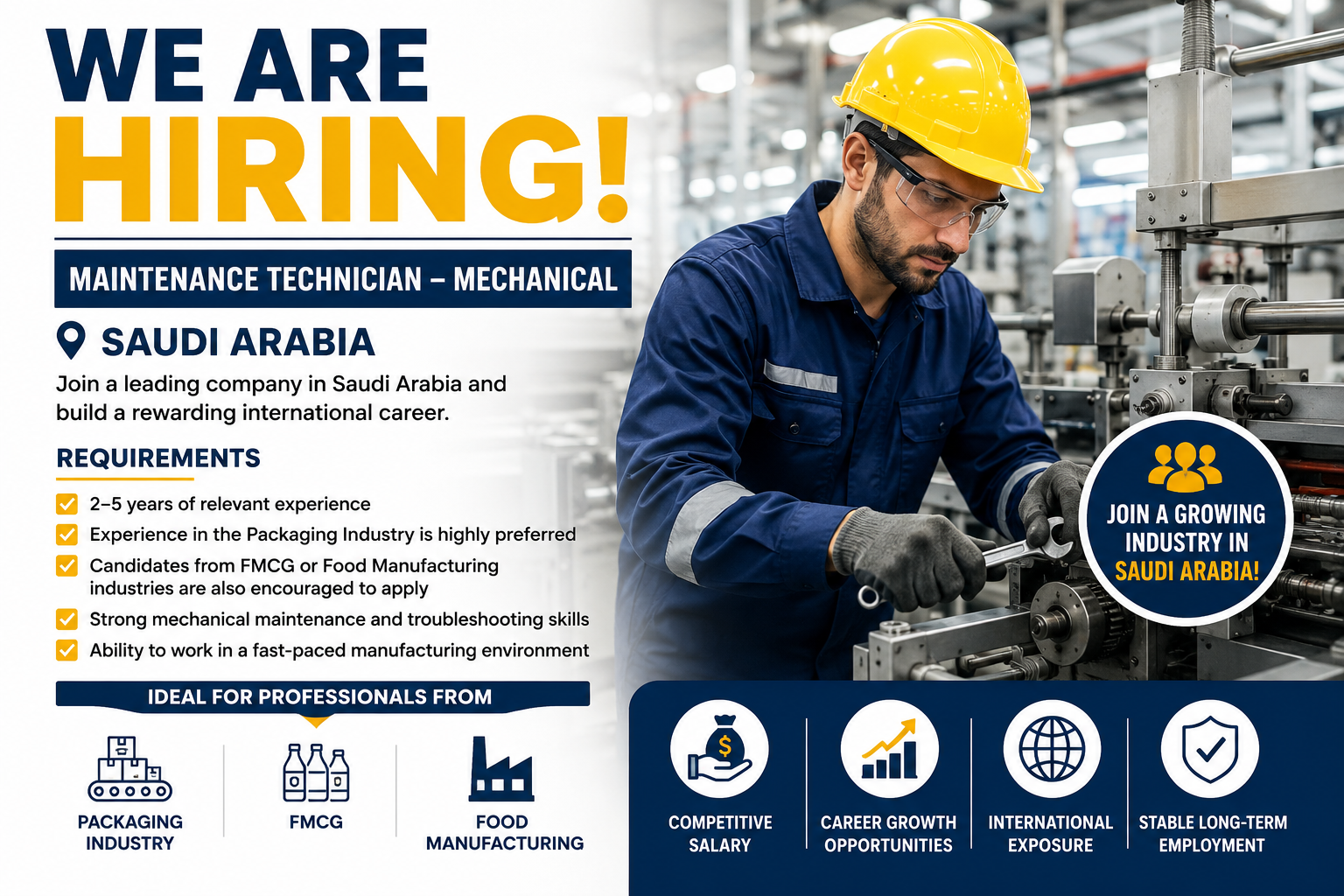Maintenance Technician – Mechanical job vacancy in Saudi Arabia featuring a skilled technician performing maintenance on industrial packaging machinery with key job requirements for experienced professionals from the Packaging, FMCG, and Food Manufacturing industries.