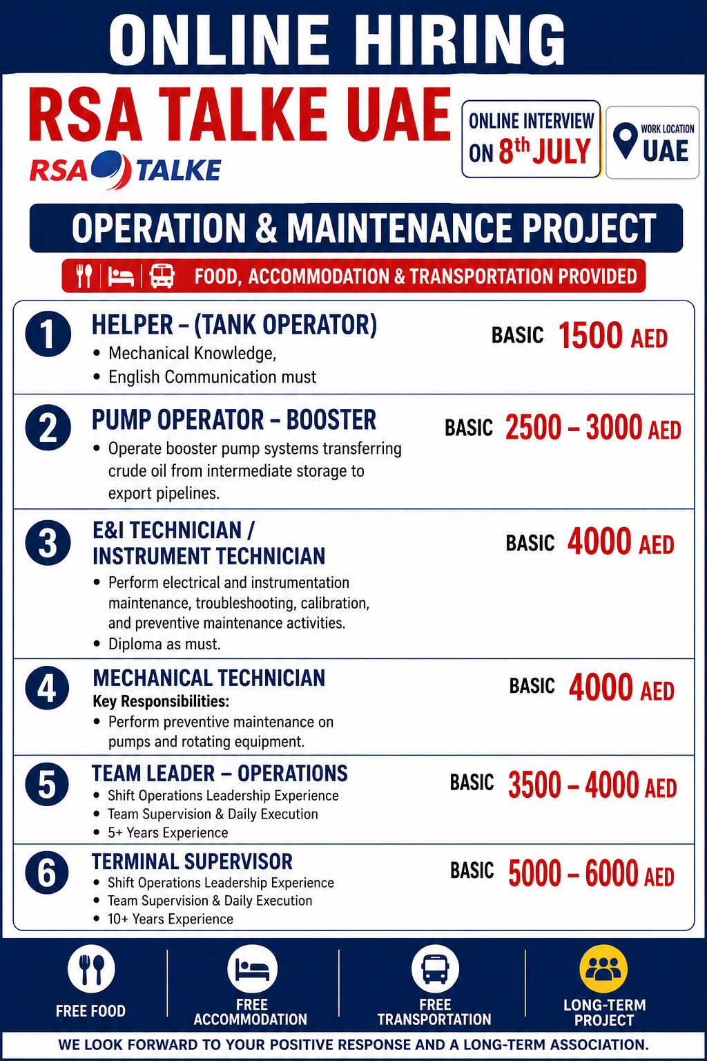 RSA Talke UAE Operation & Maintenance Project recruitment poster featuring Mechanical Technician, E&I Technician, Pump Operator, Team Leader, Terminal Supervisor, and Tank Operator helper jobs with salary details, employee benefits, and online interview announcement for UAE.