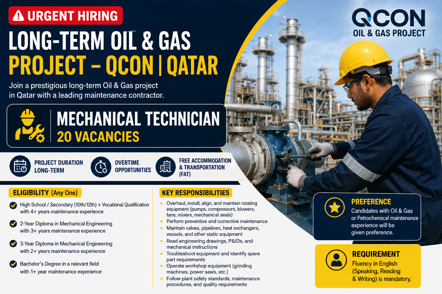 Mechanical Technician Jobs in Qatar for QCON Oil & Gas Project featuring long-term employment, 20 vacancies, rotating equipment maintenance, overtime, free accommodation, and transportation benefits.