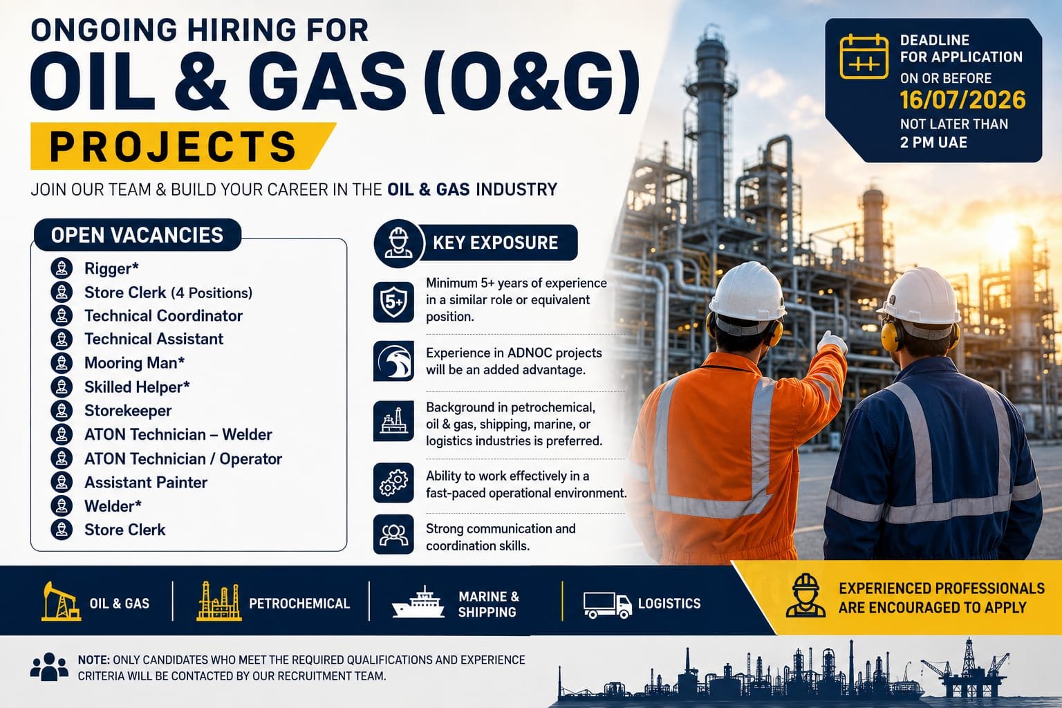 Ongoing UAE Oil & Gas hiring poster featuring multiple job vacancies including Rigger, Storekeeper, Welder, Technical Coordinator, and Technician roles with industrial refinery background and application deadline for experienced professionals.