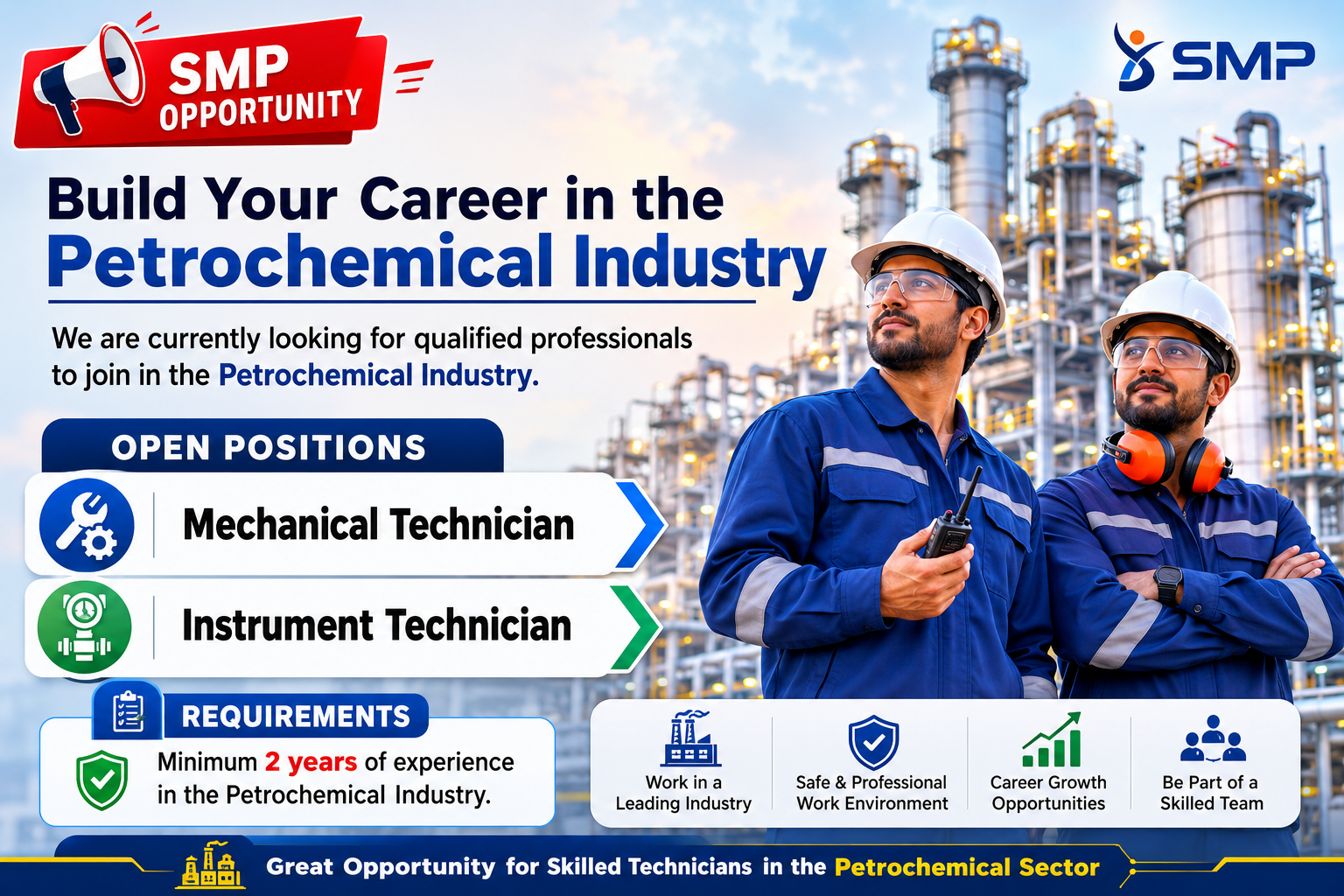 SMP petrochemical industry recruitment poster featuring Mechanical Technician and Instrument Technician job openings with refinery background and industrial workers in safety gear.