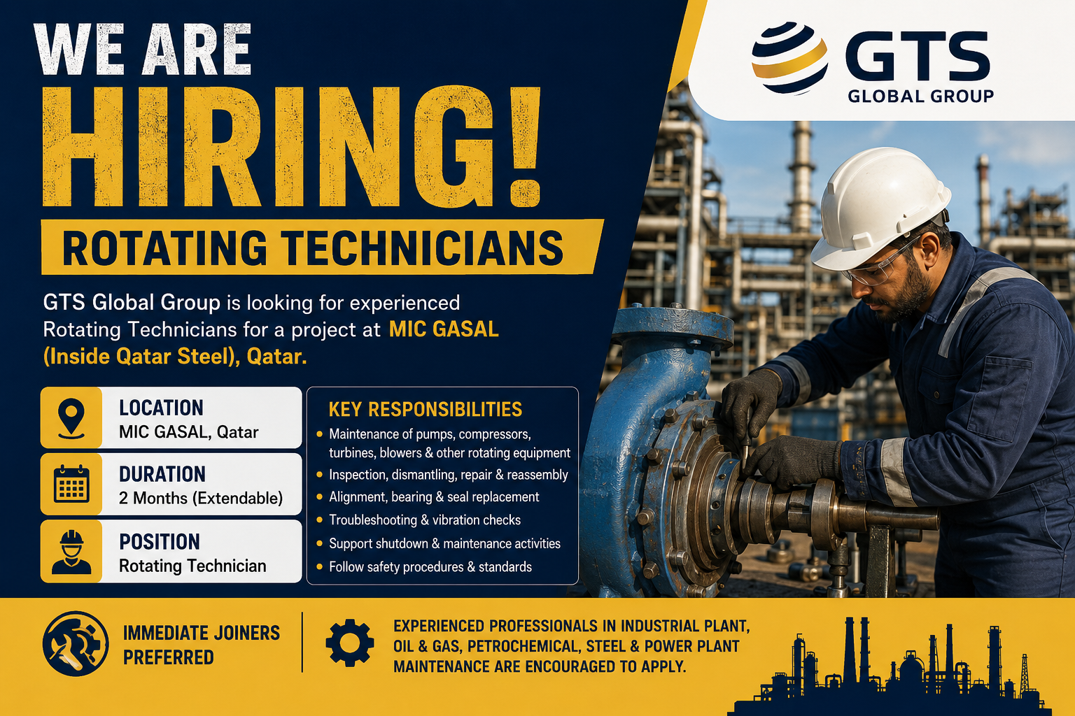 Rotating Technician jobs in Qatar at MIC GASAL inside Qatar Steel. GTS Global Group hiring experienced rotating equipment maintenance technicians for a 2-month extendable industrial project.