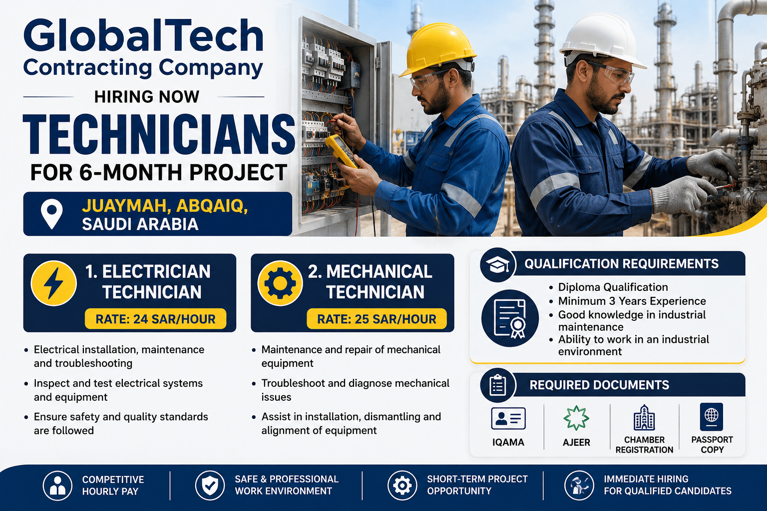 Image Alt Text: GlobalTech Contracting Company hiring Electrician Technicians and Mechanical Technicians for a 6-month project in Juaymah, Abqaiq, Saudi Arabia with diploma qualification and 3+ years of experience required.