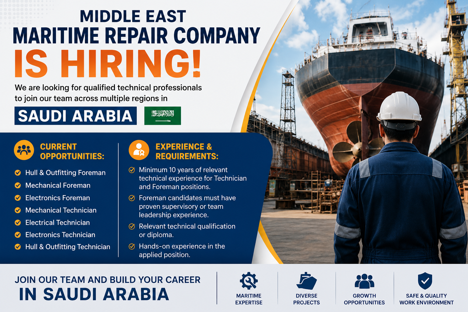 Saudi Arabia maritime repair company hiring technicians and foremen for mechanical, electrical, electronics, hull and outfitting positions.