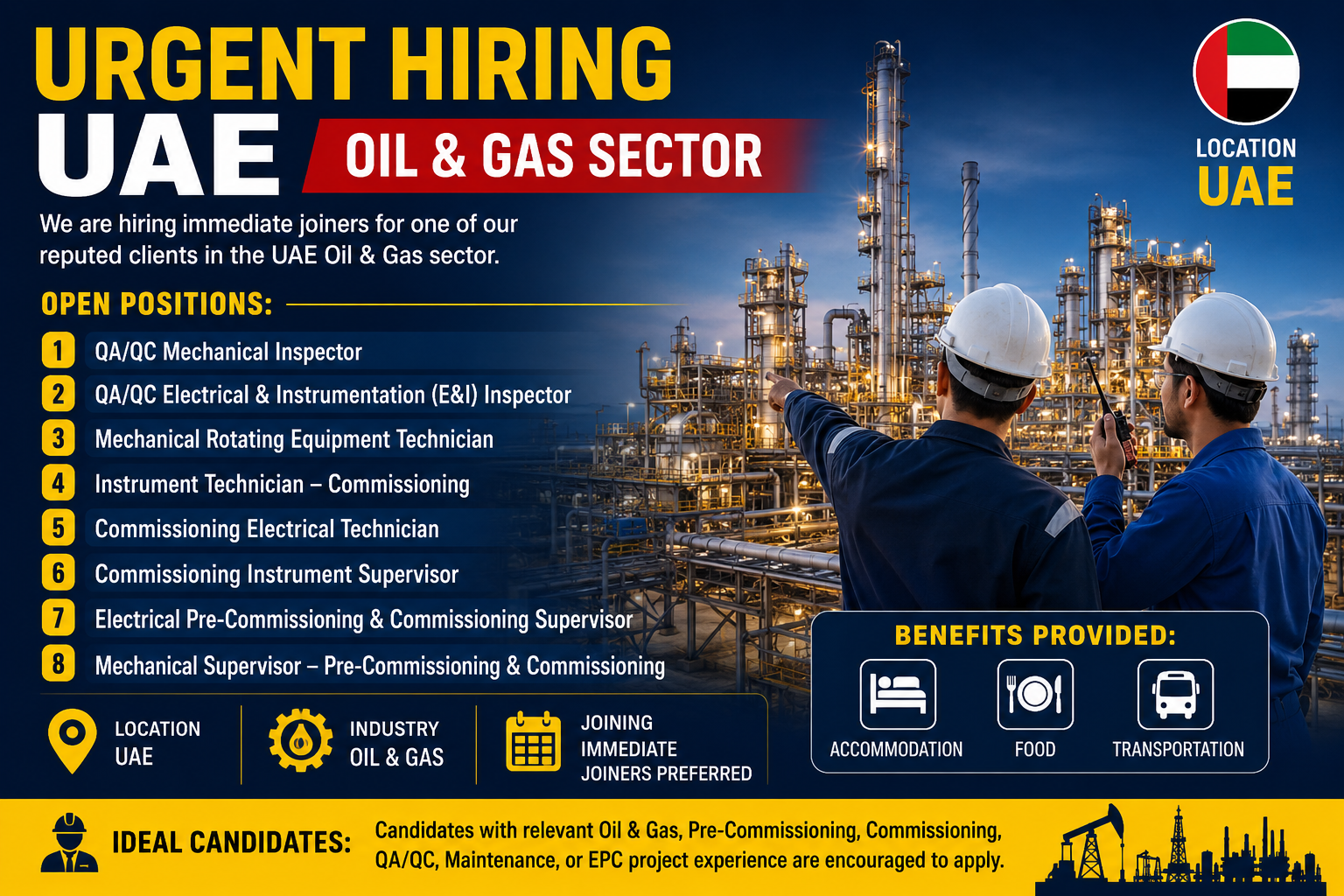 Urgent UAE Oil & Gas hiring banner featuring QA/QC inspectors, mechanical and electrical technicians, commissioning supervisors, and benefits including accommodation, food, and transportation.