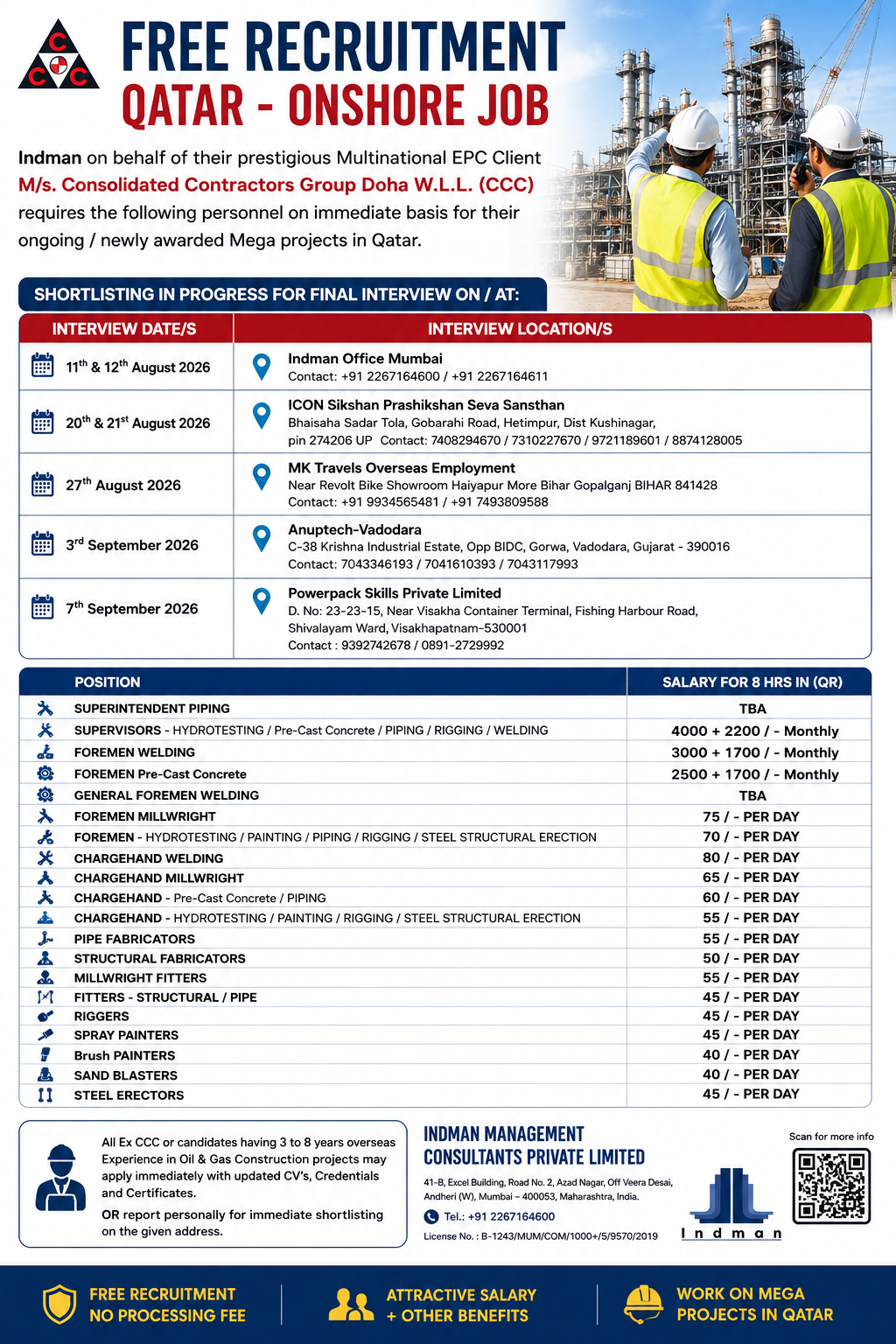 Qatar onshore oil and gas jobs 2026 recruitment poster featuring CCC mega project vacancies, interview dates, job positions, salaries, and eligibility for experienced overseas professionals.