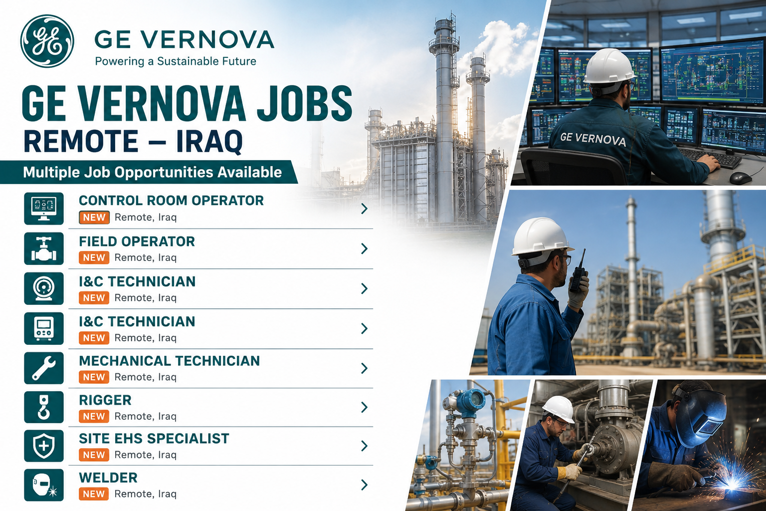 GE Vernova jobs in Remote Iraq featuring Control Room Operator, Field Operator, I&C Technician, Mechanical Technician, Rigger, EHS Specialist and Welder openings.