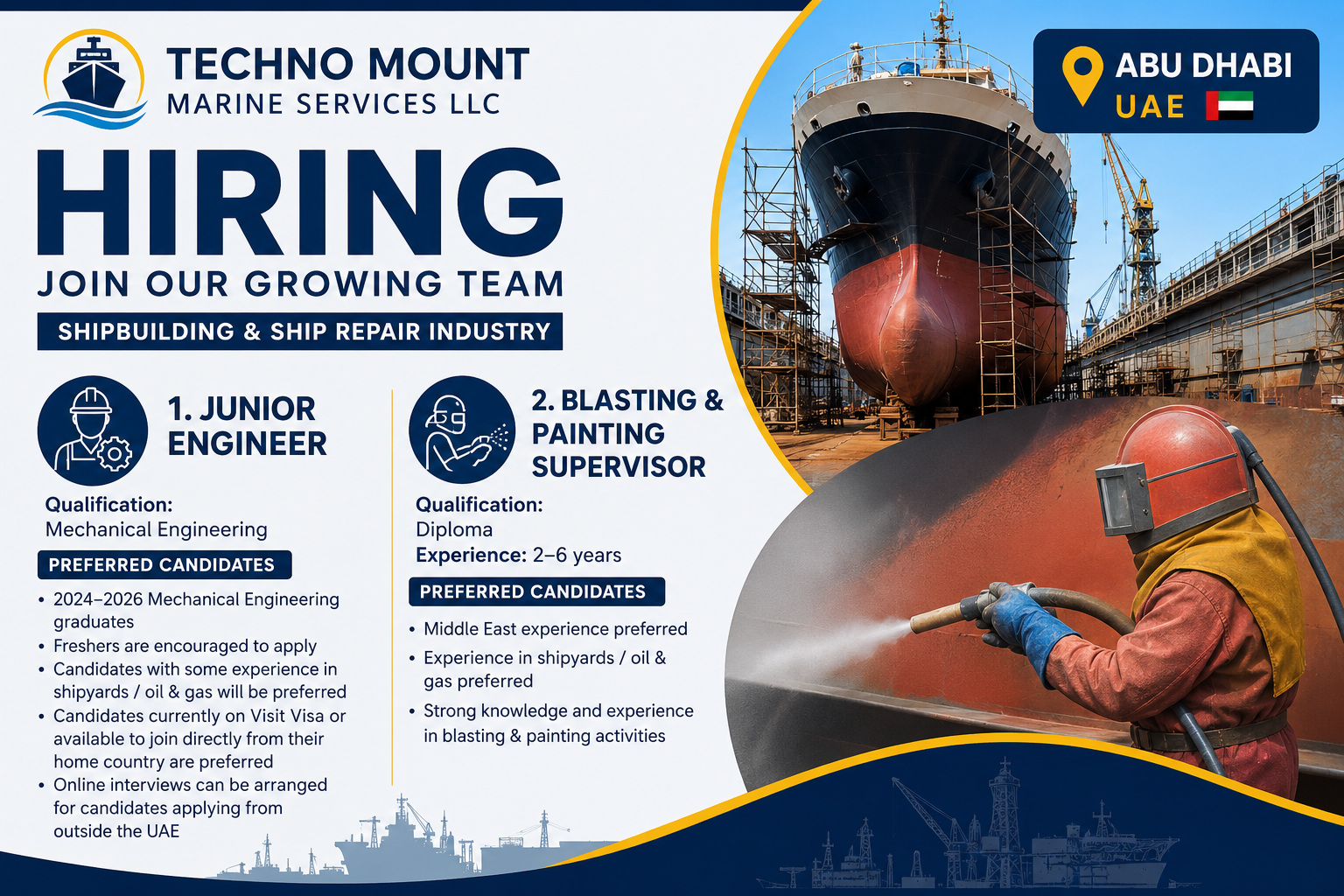 Techno Mount Marine Services LLC hiring in Abu Dhabi, UAE, for Junior Engineer and Blasting & Painting Supervisor positions in the shipbuilding and ship repair industry.
