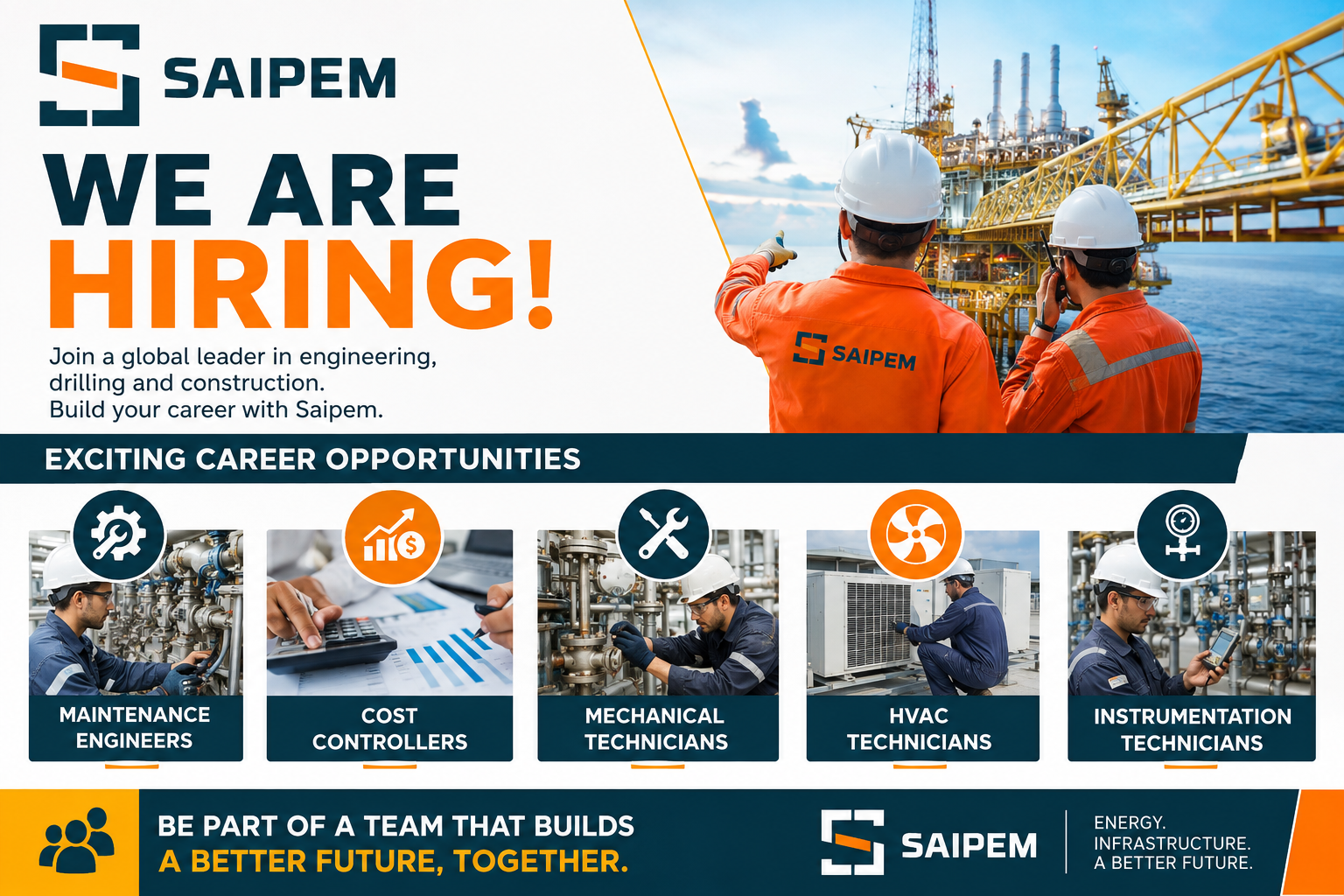 Saipem hiring banner featuring Maintenance Engineers, Cost Controllers, Mechanical Technicians, HVAC Technicians, and Instrumentation Technicians.
