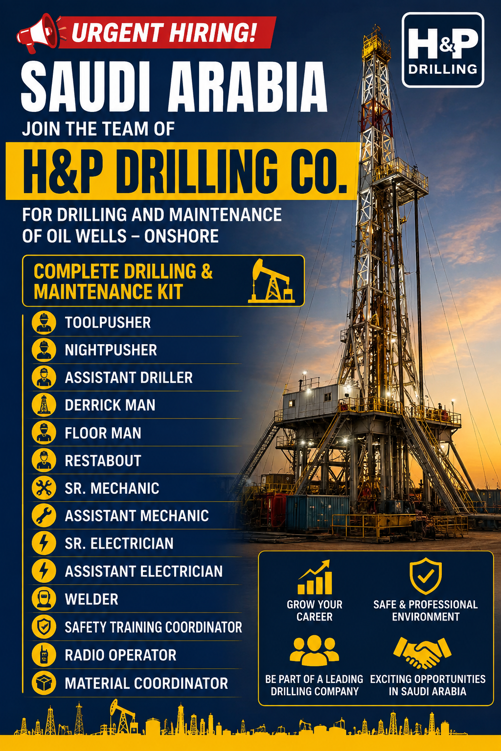 Urgent hiring in Saudi Arabia for H&P Drilling Co. with onshore drilling, mechanical, electrical, welding, safety, and support positions.