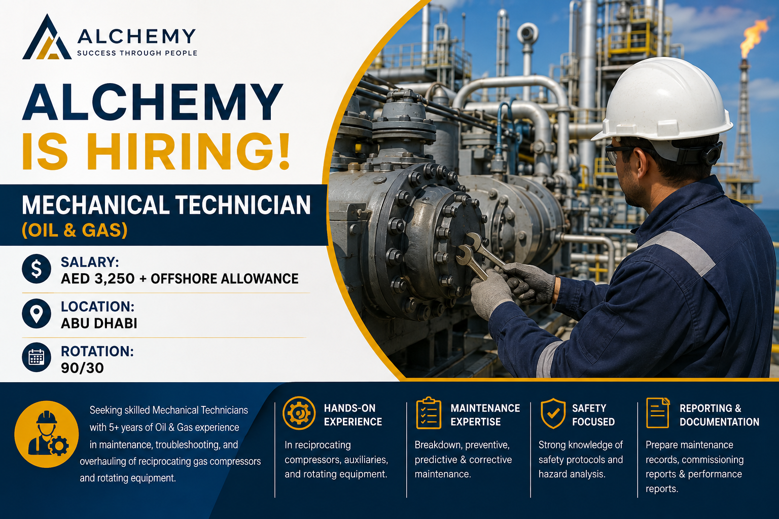 ALCHEMY hiring Mechanical Technician for an Oil & Gas role in Abu Dhabi, UAE, offering AED 3,250 plus offshore allowance with 90/30 rotation.