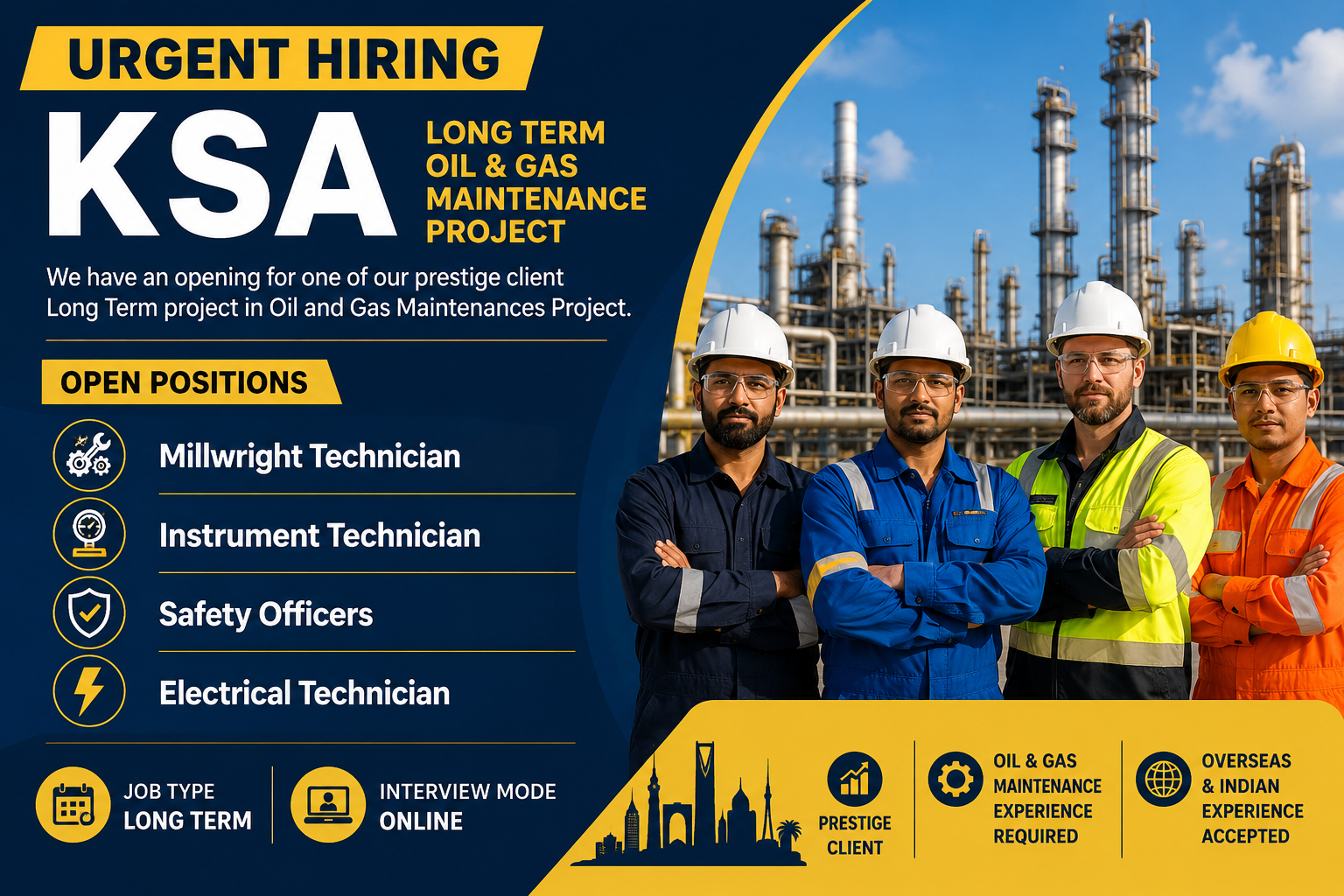 Urgent KSA hiring for Millwright, Instrument, Safety, and Electrical Technicians for a long-term Oil & Gas maintenance project.