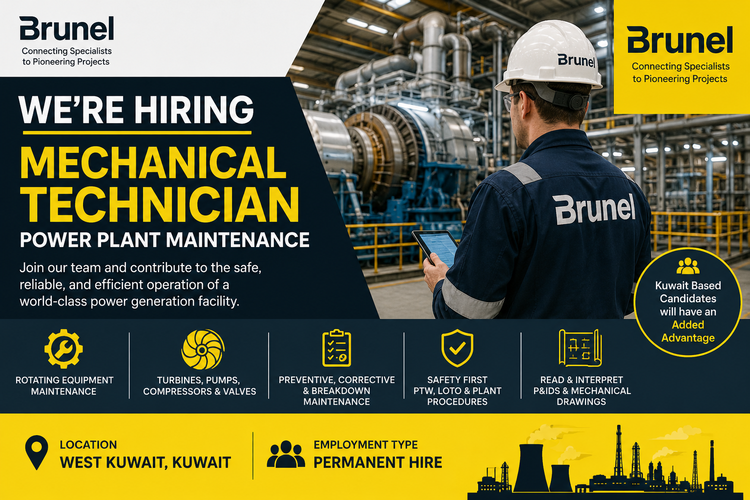 Brunel Mechanical Technician power plant maintenance job vacancy in West Kuwait, featuring a power plant and maintenance technician.