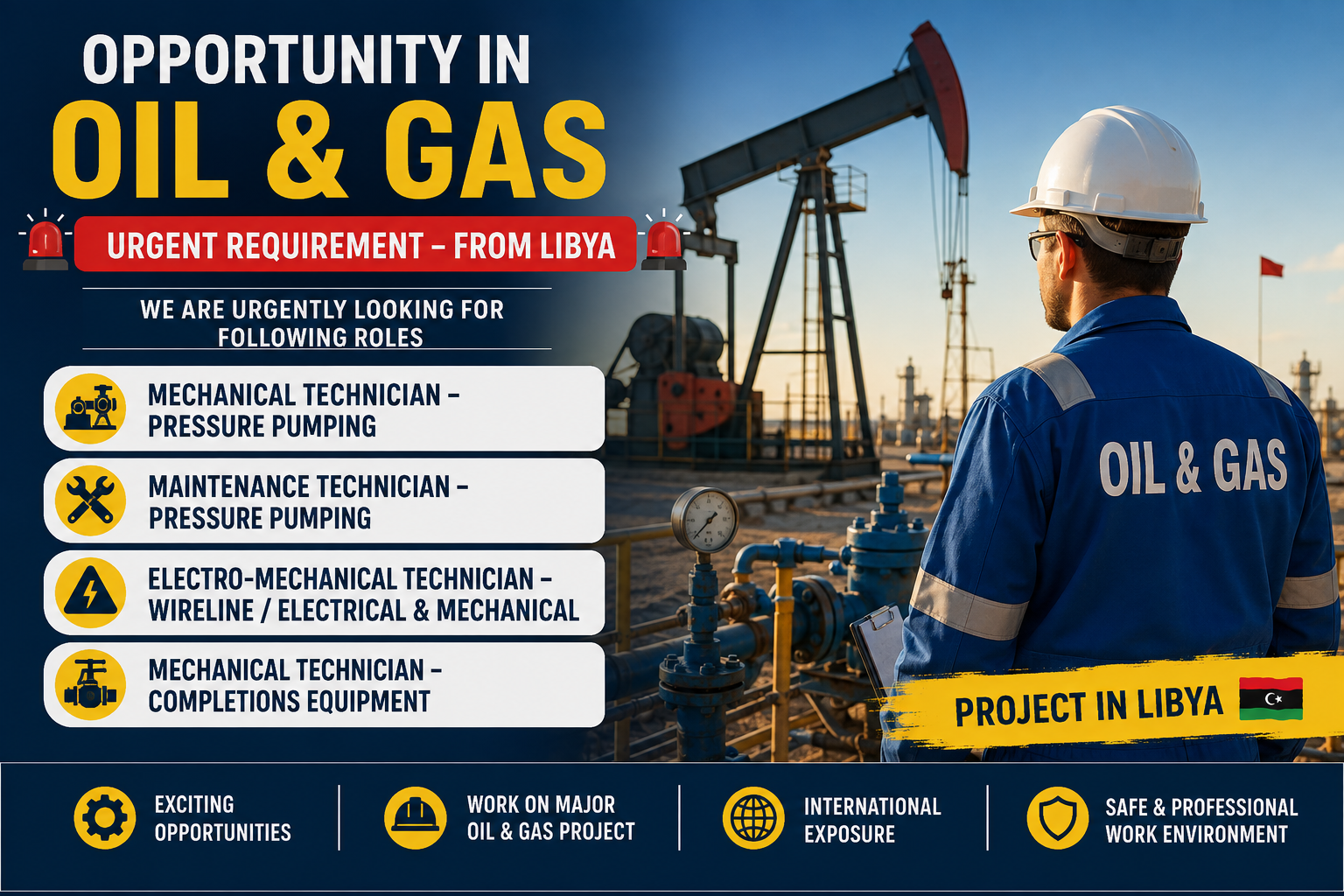 Urgent Oil and Gas recruitment poster for Libya featuring Mechanical, Maintenance, Electro-Mechanical, Wireline, and Completions Technician jobs.