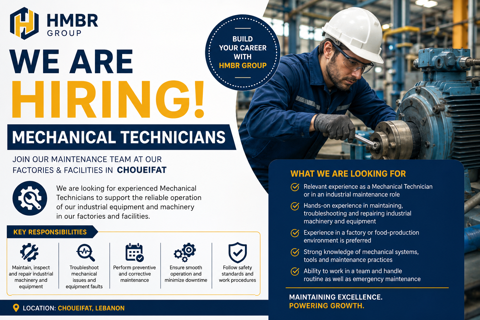 HMBR Group hiring Mechanical Technicians in Choueifat, Lebanon for industrial machinery maintenance and troubleshooting.