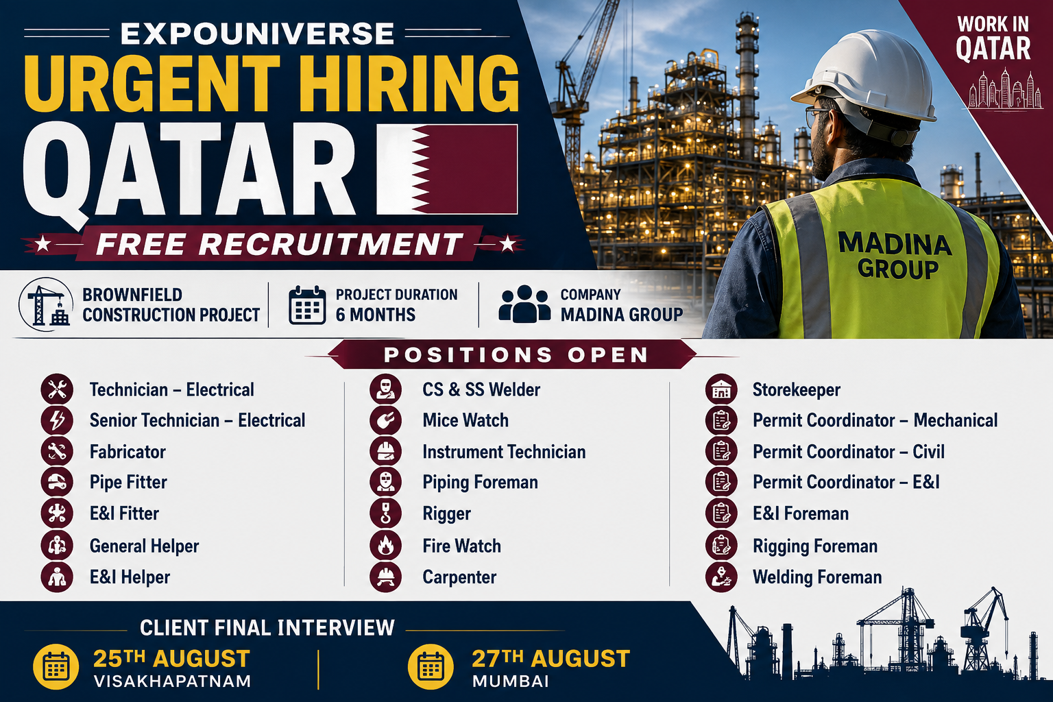Urgent Qatar hiring poster for Madina Group’s 6-month Brownfield Construction Project, featuring technical, welding, rigging, and helper positions.