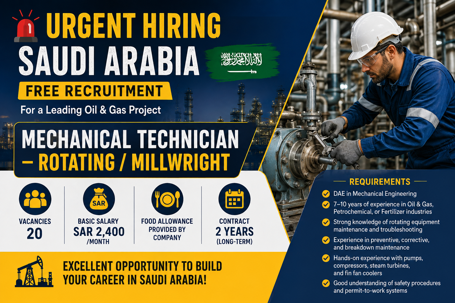 Urgent Mechanical Technician – Rotating / Millwright jobs in Saudi Arabia for a leading Oil & Gas project. Free recruitment, 20 vacancies, SAR 2,400 salary, 2-year contract, and company-provided food allowance.
