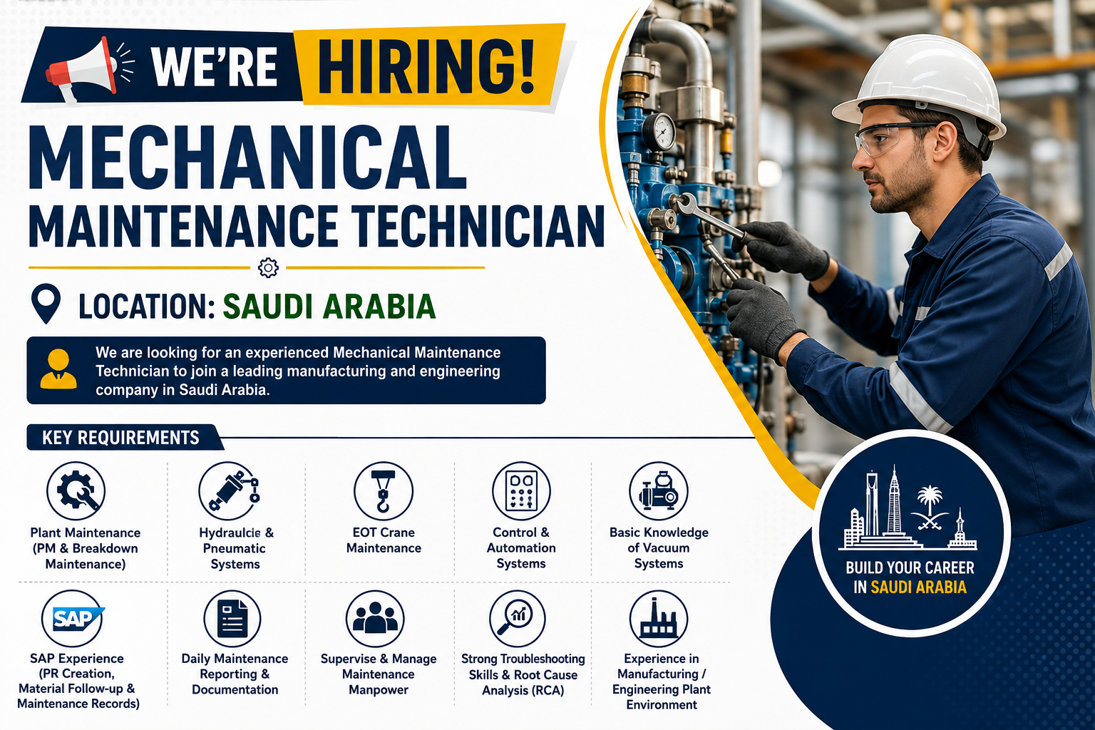 Mechanical Maintenance Technician recruitment poster for Saudi Arabia featuring an industrial maintenance technician inspecting plant equipment, highlighting required skills including preventive maintenance, hydraulic and pneumatic systems, EOT crane maintenance, SAP, automation, troubleshooting, and manufacturing plant experience.