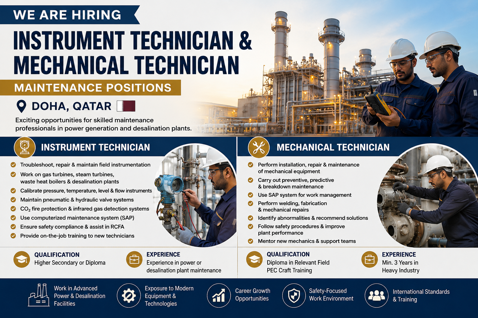 Professional recruitment banner for Instrument Technician and Mechanical Technician maintenance jobs in Doha, Qatar, featuring industrial power plant equipment, skilled technicians inspecting machinery, and key qualifications for power generation and desalination plant maintenance careers.