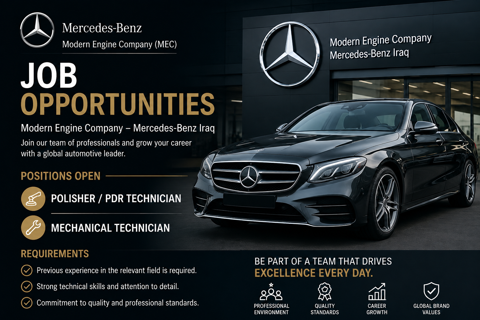 Modern Engine Company Mercedes-Benz Iraq job opportunities for Polisher PDR Technician and Mechanical Technician with Mercedes-Benz car and logo.