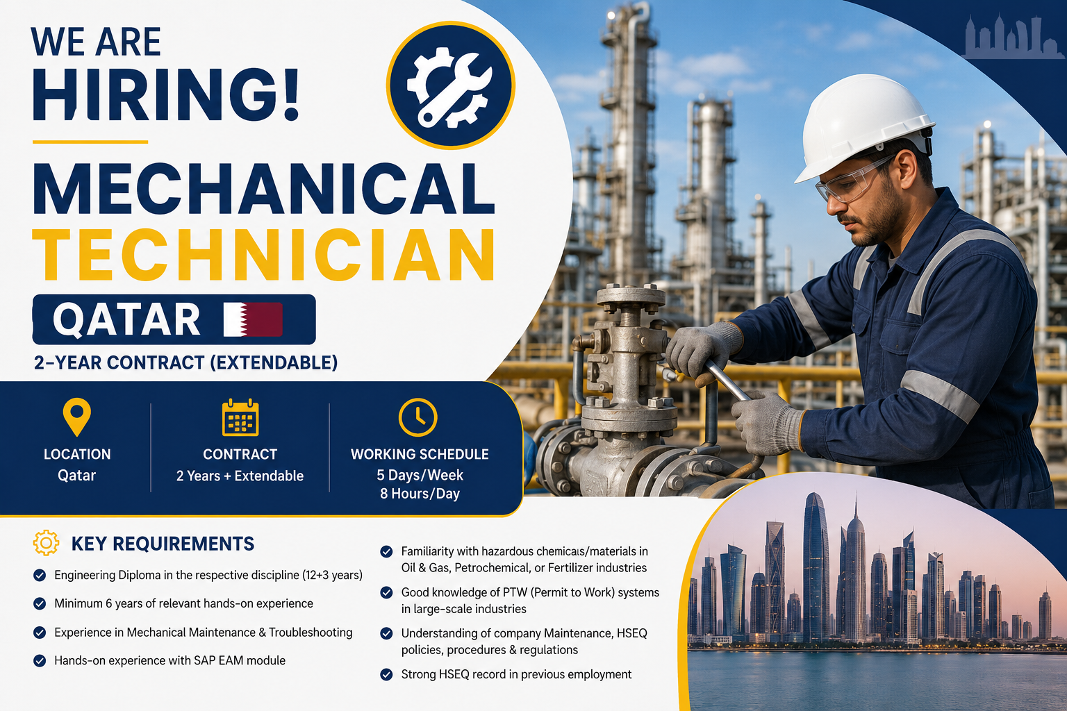 Mechanical Technician hiring in Qatar for a 2-year extendable contract, featuring an industrial maintenance worker and key job requirements.