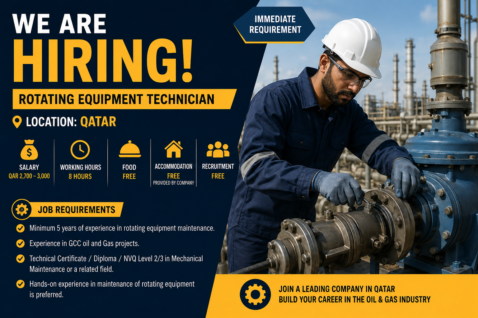 Rotating Equipment Technician hiring in Qatar with QAR 2,700–3,000 salary, free food and accommodation, and oil and gas maintenance requirements.
