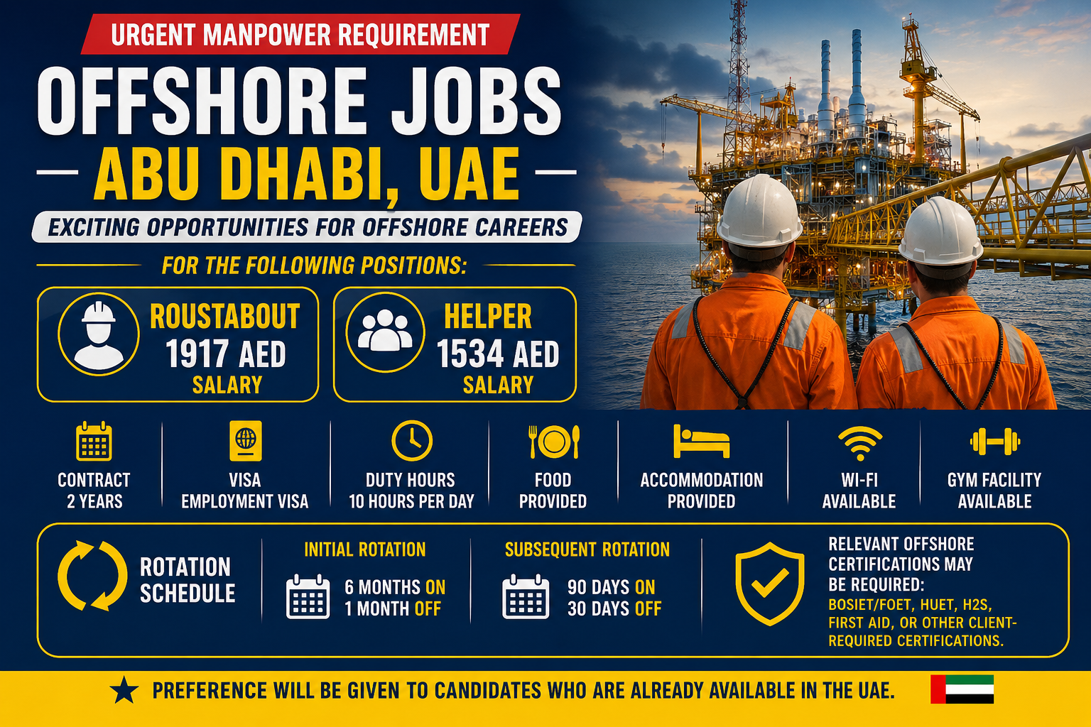 Urgent offshore jobs in Abu Dhabi, UAE for Roustabout and Helper positions with salary, accommodation, food, visa, rotation schedule, and offshore certification requirements.