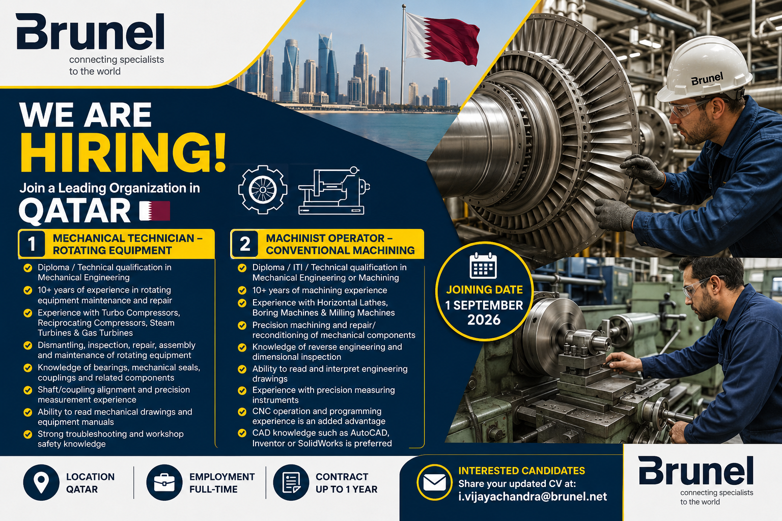 Brunel Qatar hiring advertisement for Mechanical Technician – Rotating Equipment and Machinist Operator – Conventional Machining, with job requirements, September 1, 2026 joining date, and CV submission email.
