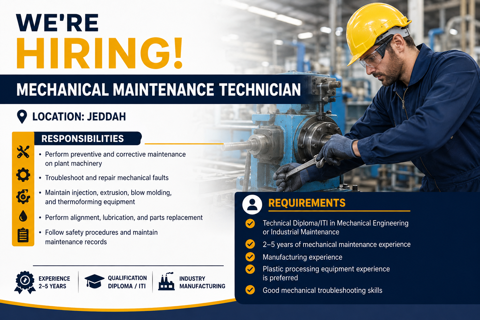 Mechanical Maintenance Technician job vacancy in Jeddah, Saudi Arabia, featuring a technician repairing industrial machinery and highlighting key responsibilities and requirements.