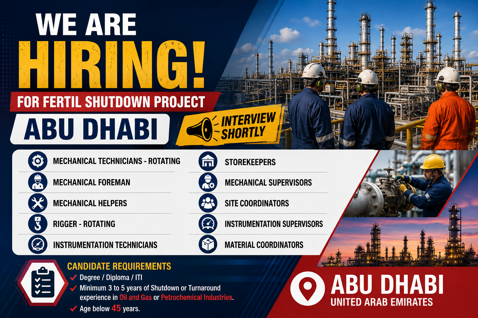 Abu Dhabi Fertil Shutdown Project hiring poster featuring mechanical, instrumentation, rigging, supervisory, coordination, and storekeeper job openings.