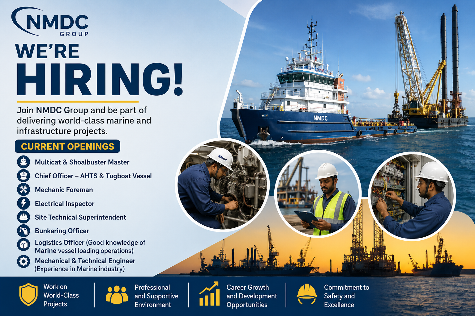 NMDC Group UAE hiring poster showcasing marine career opportunities for 2026, featuring offshore vessels, marine engineers, mechanics, electrical inspectors, and technical professionals with current job openings in the UAE marine and infrastructure industry.