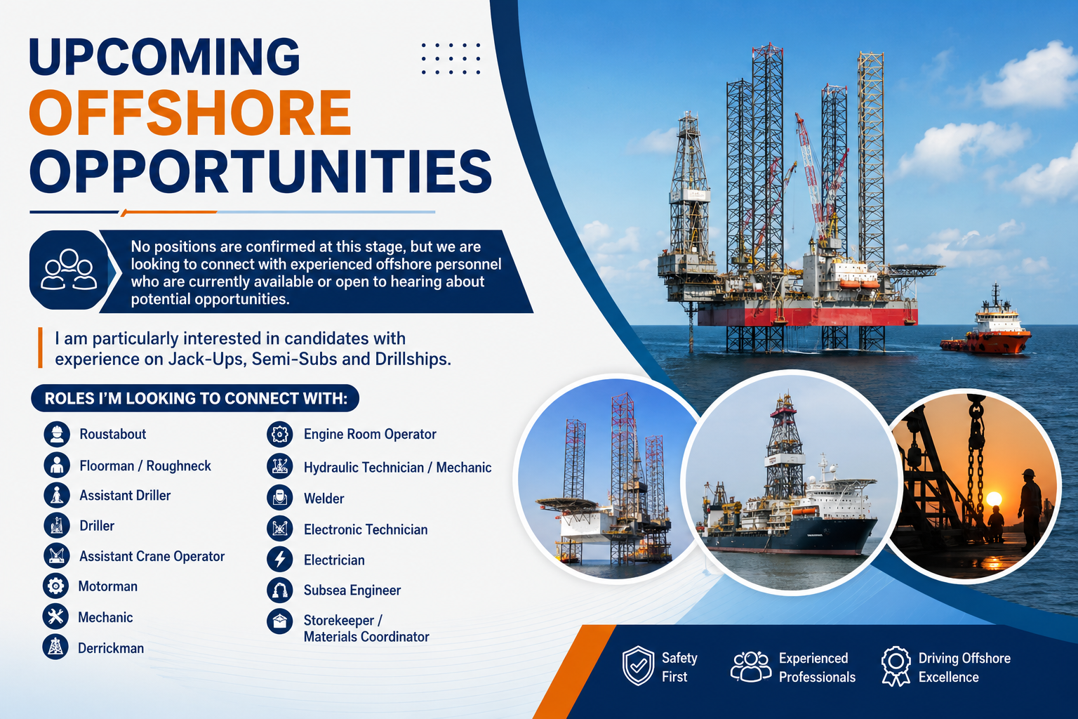 Upcoming offshore job opportunities recruitment banner featuring offshore rigs, Jack-Ups, Semi-Subs and Drillships, with a list of roles including Roustabout, Floorman/Roughneck, Assistant Driller, Driller, Crane Operator, Mechanic, Derrickman, Electrician, Welder, Subsea Engineer and Storekeeper.