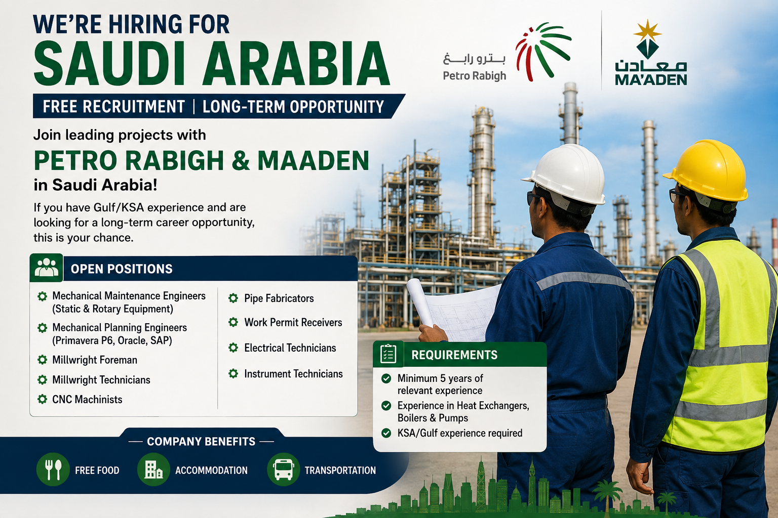 Saudi Arabia recruitment poster featuring Petro Rabigh and Maaden projects, listing engineering, mechanical, electrical, instrumentation, fabrication and technician jobs with free food, accommodation and transportation benefits.