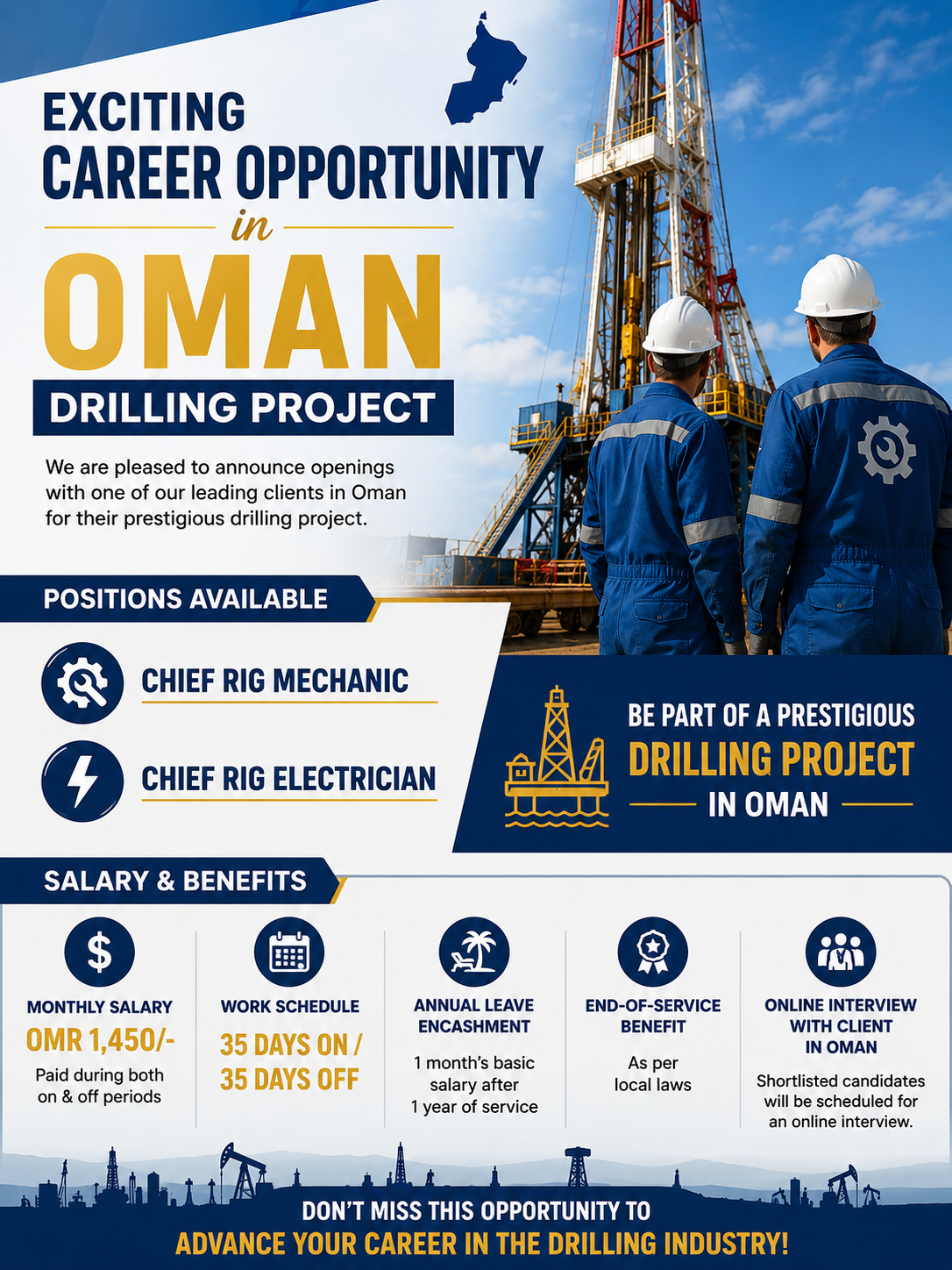 Oman drilling project recruitment poster for Chief Rig Mechanic and Chief Rig Electrician jobs, offering OMR 1,450 salary and 35 days on/35 days off rotation.