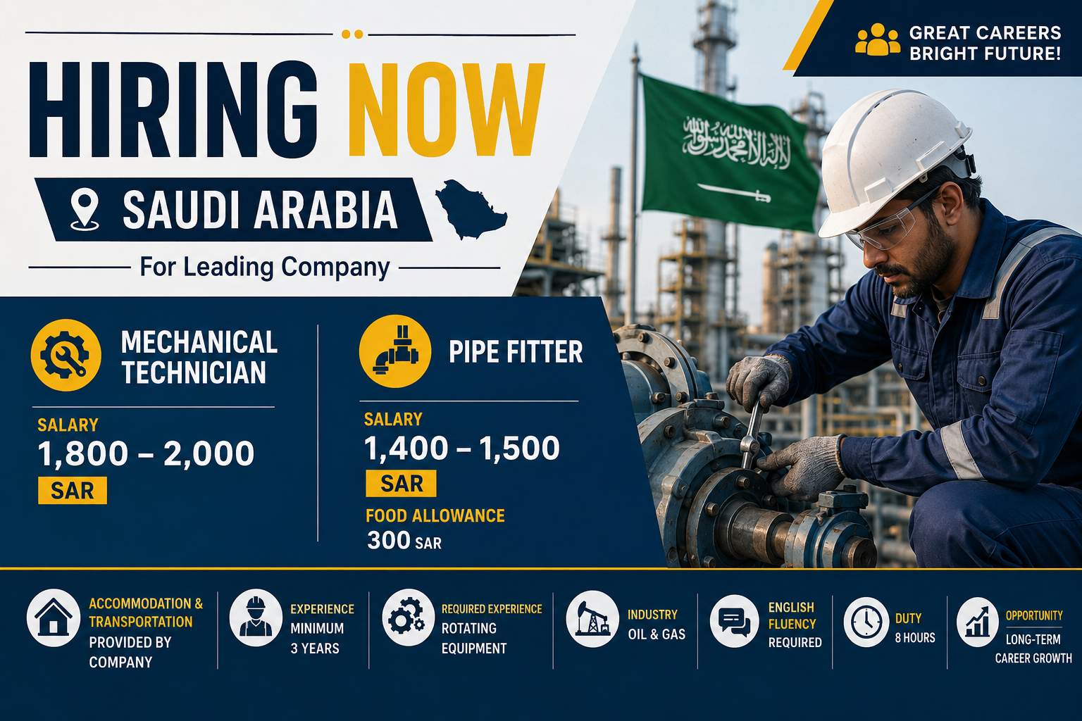 Hiring now in Saudi Arabia for Mechanical Technicians and Pipe Fitters, offering competitive salaries, accommodation, transportation, and long-term career opportunities.