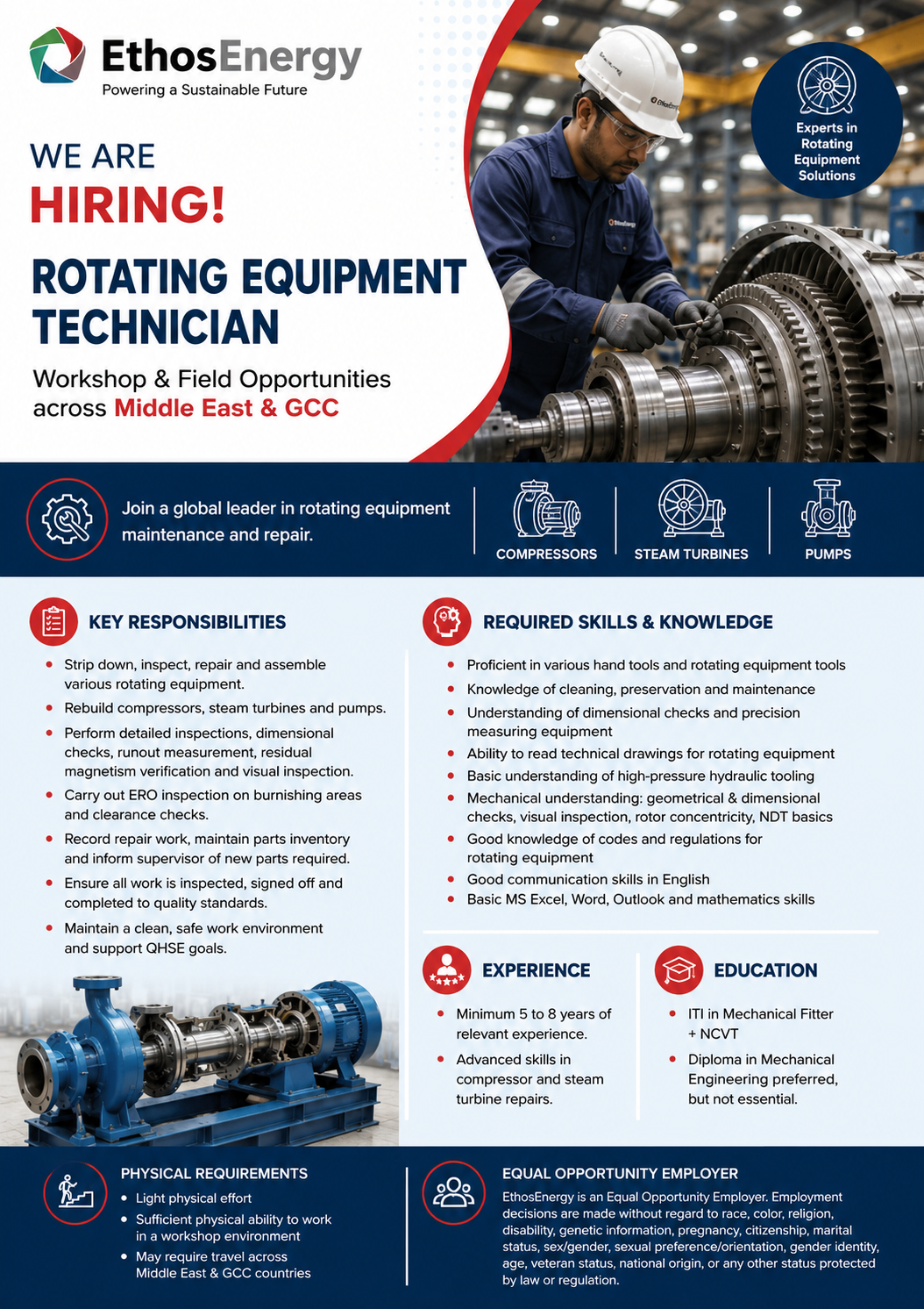 EthosEnergy Rotating Equipment Technician job advertisement featuring industrial equipment, key skills, qualifications, experience, and Middle East & GCC opportunities.