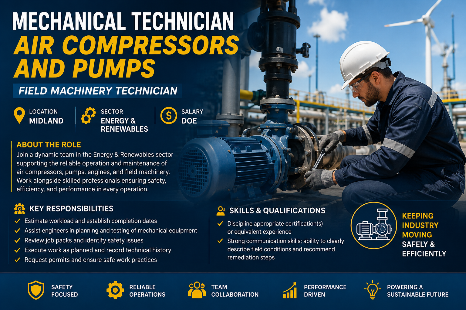 Mechanical Technician – Air Compressors and Pumps job in Midland, featuring a field technician servicing industrial pumps and machinery in the energy and renewables sector.