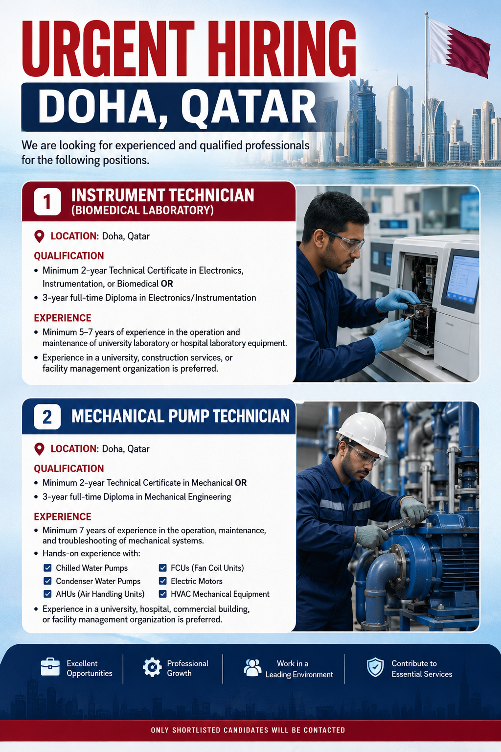 Urgent hiring in Doha, Qatar for Instrument Technician and Mechanical Pump Technician positions.