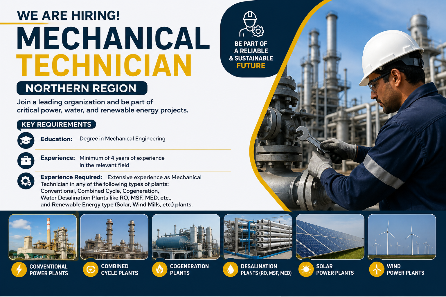 Mechanical Technician job vacancy in the Northern Region for Mechanical Engineering graduates with 4+ years of experience in power, desalination, or renewable energy plants.
