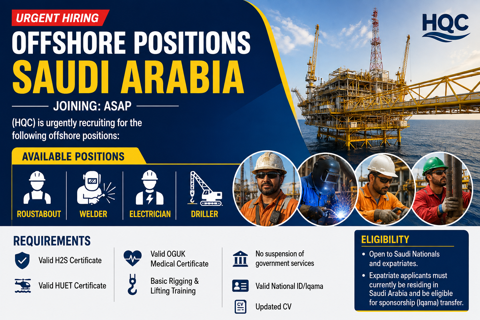 Urgent offshore jobs in Saudi Arabia for Roustabout, Welder, Electrician, and Driller positions with H2S, HUET, OGUK medical, and rigging training requirements.