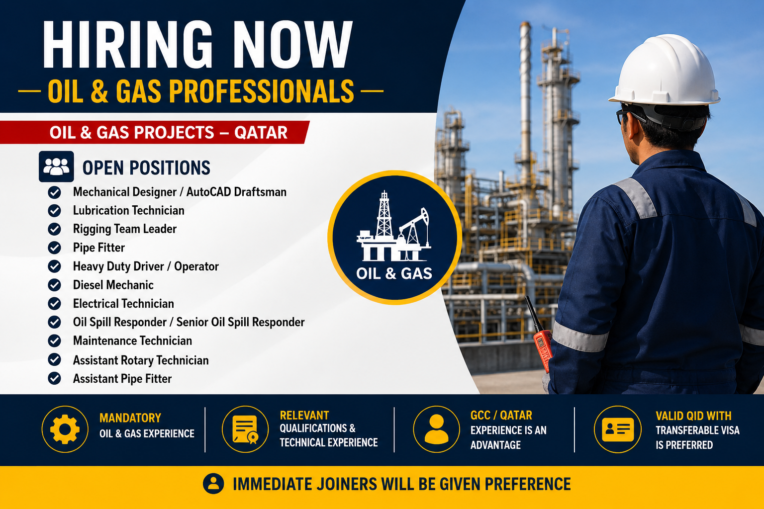 Qatar Oil & Gas hiring poster featuring Mechanical, Electrical, Rigging, Pipe Fitter, Diesel Mechanic, Maintenance Technician, and Oil Spill Responder vacancies.