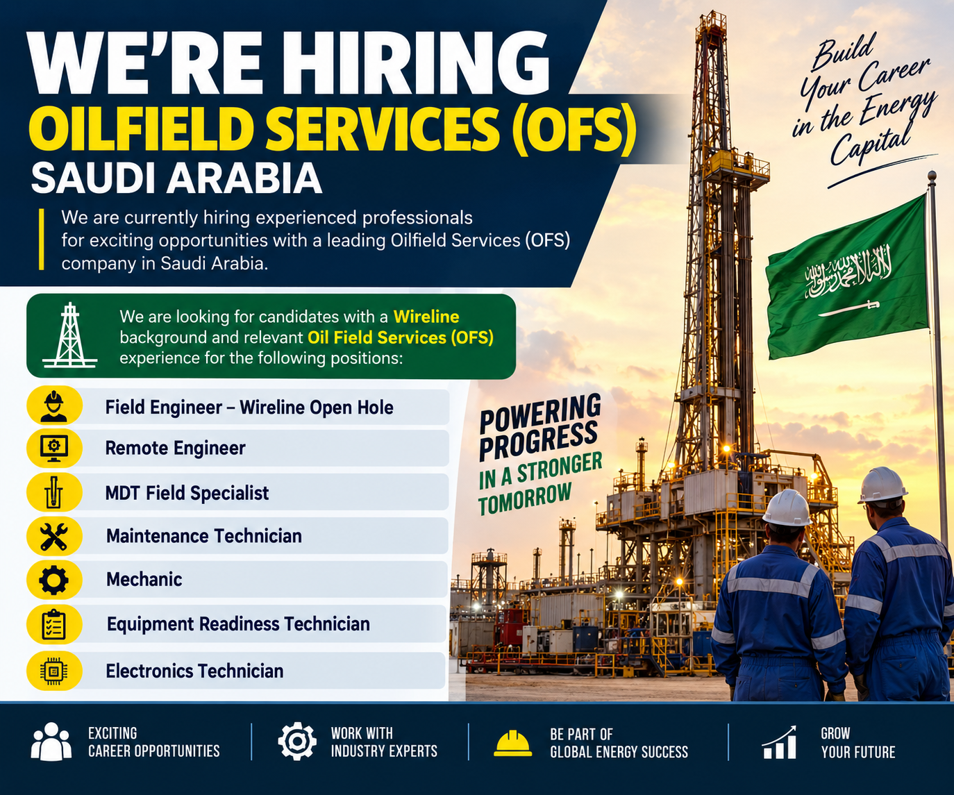 Oilfield Services (OFS) hiring banner for Saudi Arabia featuring a drilling rig, Saudi flag, and experienced Wireline and Oil & Gas professionals, with vacancies for Field Engineer, Remote Engineer, MDT Field Specialist, Maintenance Technician, Mechanic, Equipment Readiness Technician, and Electronics Technician.