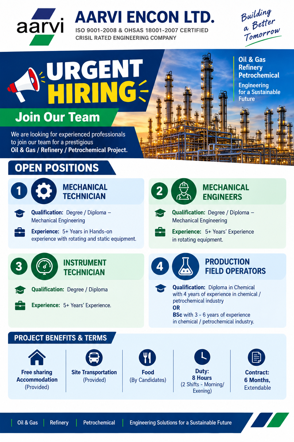 Aarvi Encon Ltd. urgent hiring poster for Oil & Gas, Refinery and Petrochemical projects, featuring Mechanical Technician, Mechanical Engineer, Instrument Technician and Production Field Operator vacancies, with accommodation and transportation benefits.