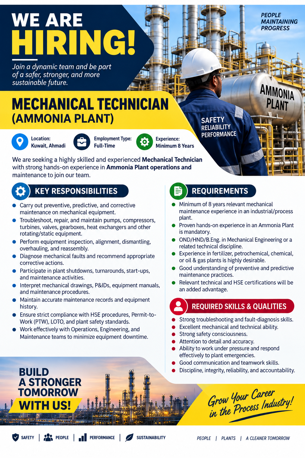 Mechanical Technician job vacancy poster for an Ammonia Plant in Kuwait, requiring 8+ years of mechanical maintenance experience.