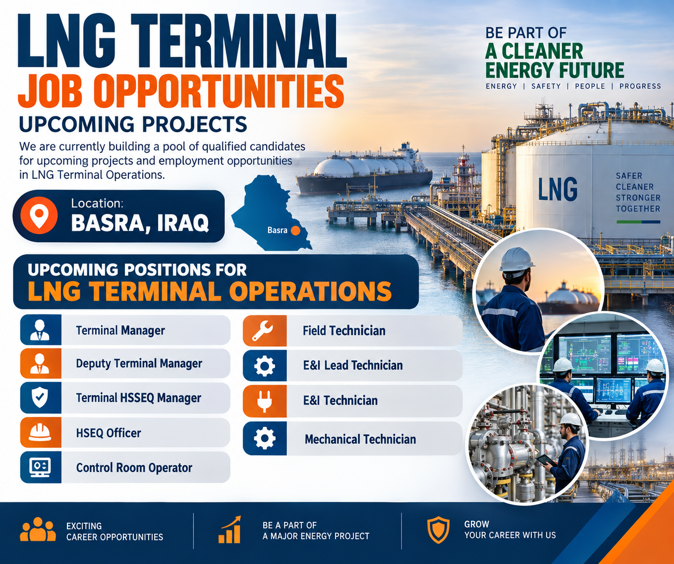 LNG terminal job opportunities in Basra, Iraq for Terminal Manager, HSEQ, Control Room, E&I and Mechanical Technician positions.